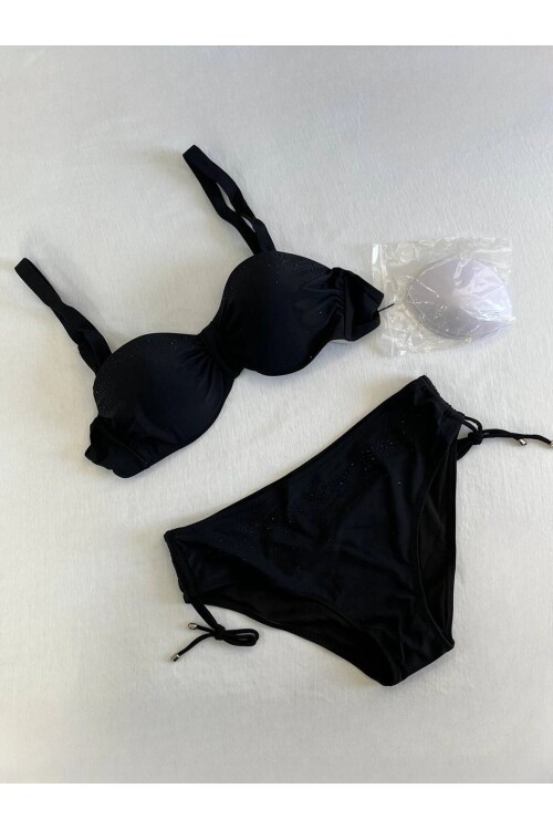 Kadın Siyah Taş İşlemeli Astarlı Bikini Takım HZL25S-LC3361