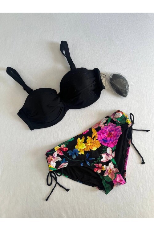 Kadın Siyah Taş İşlemeli Çiçek Desenli Büyük Beden Bikini Takım HZL25S-LC3368