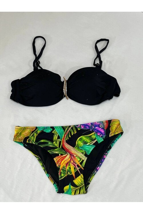 Kadın Siyah Taş İşlemeli Toka Aksesuarlı Astarlı Bikini Takım HZL25S-LC208
