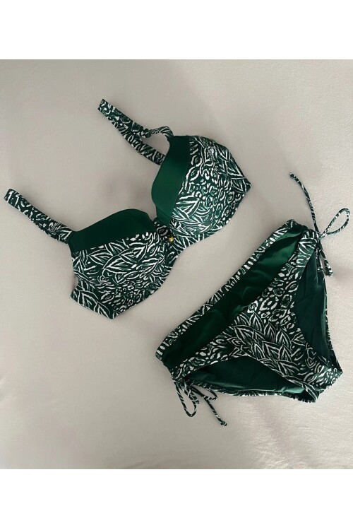 Kadın Yeşil Beyaz Desenli Büyük Beden Astarlı Bikini Takım HZL25S-LC4006