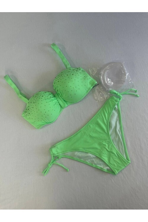 Kadın Yeşil Taş İşlemeli 3 Parça Bikini Takım HZL25S-LC3315