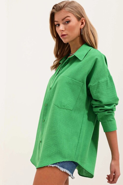 Kadın Yeşil Tek Cepli Oversize Keten Ayrobin Gömlek HZL24S-BD1201531