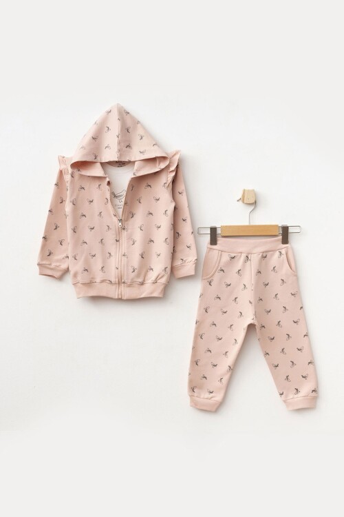 Kız Bebek Kuş Desenli Sweatshirt Pantolon T-shirt 3 lü Alt Üst Bebek Takımı 3 Ay-36 Ay