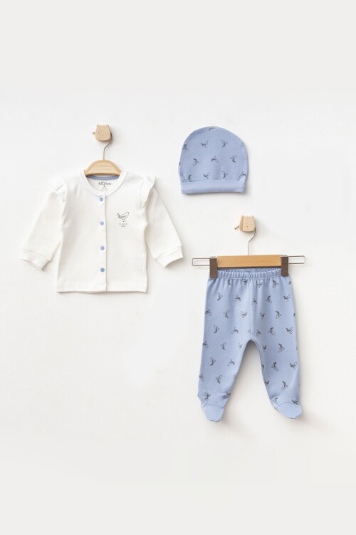 Kız Bebek Kuş Desenli Zıbın Pantolon Bere 3 lü Alt Üst Bebek Takımı 0 Ay-6 Ay